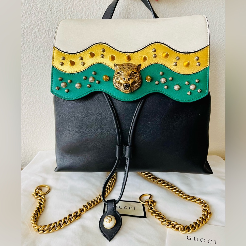 NWT! GUCCI Medium Tiger Backpack in Green, Ivory & Black w/ Gold Tiger Head
